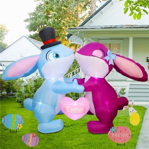7.5ft Long Easter Inflatable Cute Bunny with Heart Lighted Blow Rabbit